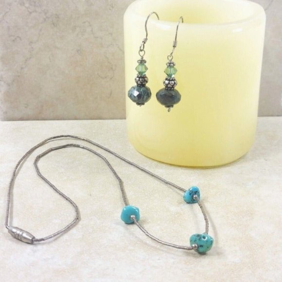 Silver Green Blue Jewelry Necklace Earrings Set Women Trinket Jewelry Gift VTG - Picture 4 of 11